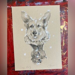 Original Art Dog Portrait Corgi ladybug Snow Winter Scene Charcoal